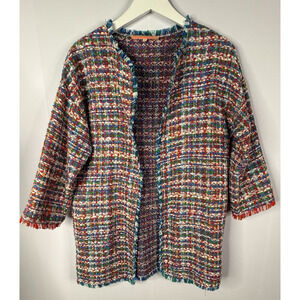VILAGALLO Rainbow Tweed Jacket Womens Sz 40 Medium Plaid Artsy Spain Cotton